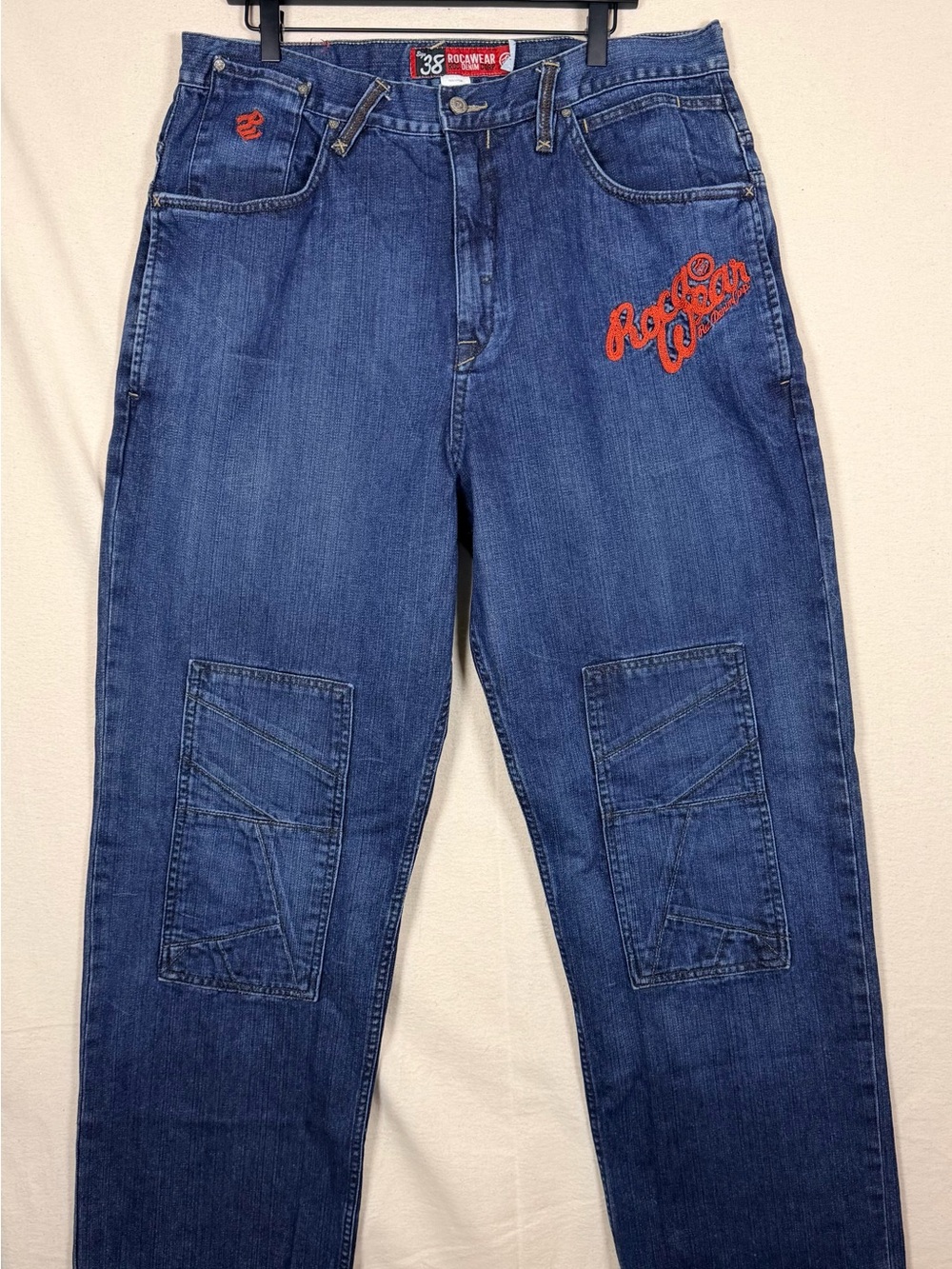 Vintage Rocawear Men’s Blue Denim Jeans with Red Script Logo